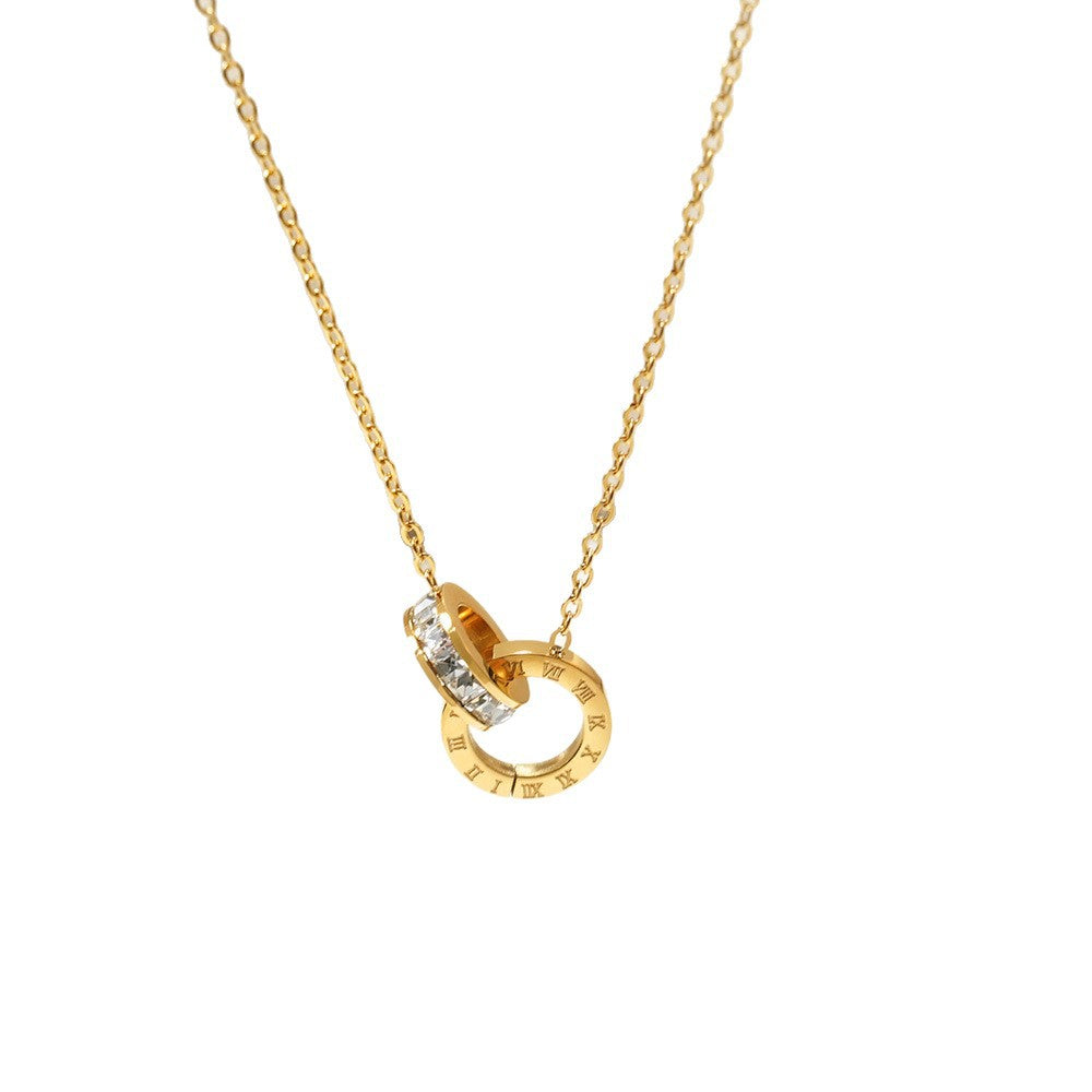 Wholesale Titanium steel double-ring diamond-set Roman numeral necklace
