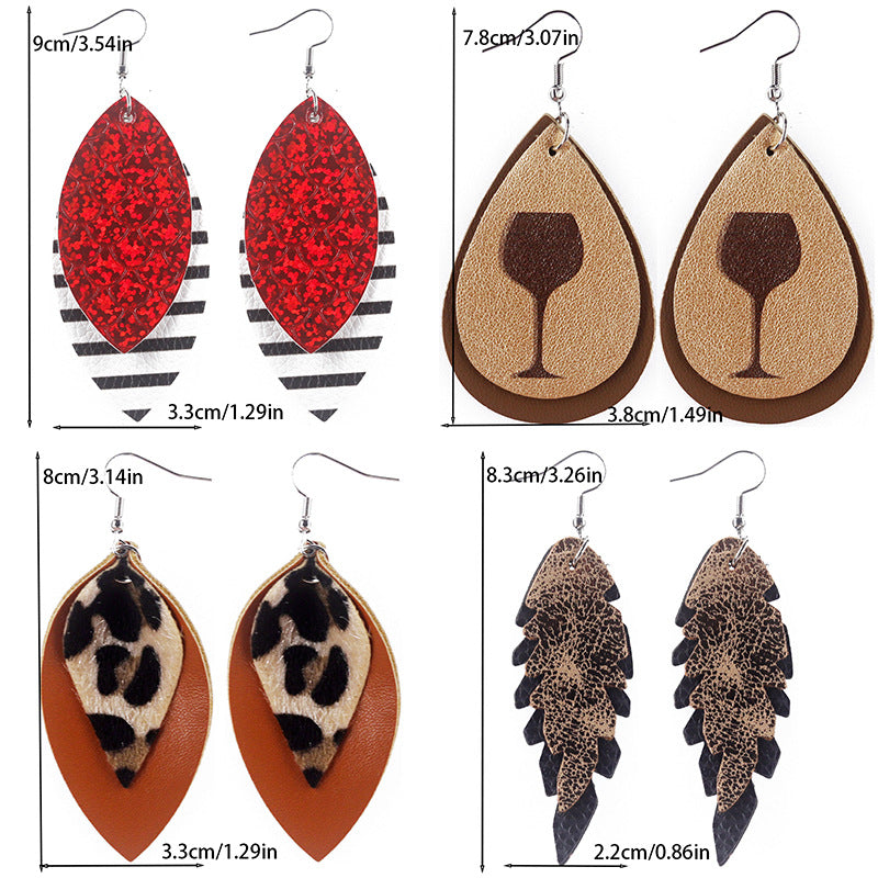 Wholesale  Bohemian Style Multi-Layered Leopard Print Striped Leaf Shape Women's Leather Earrings