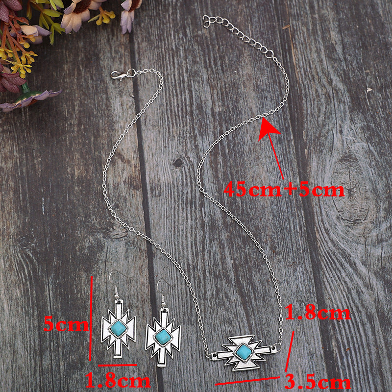 Wholesale Ethnic Style Rhombus Turquoise Inlay Jewelry Set Earrings and Pendant Necklace for Gift Fashion Accessory