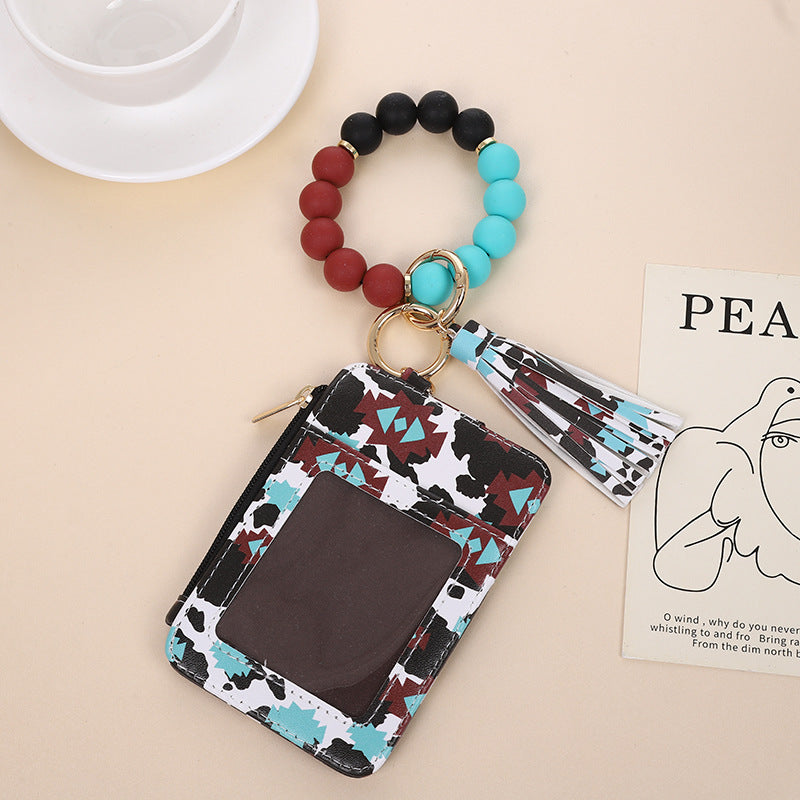 Wholesale Western Style Cow Pattern Sunflower Leopard Print Card Holder Silicone Beaded Wristlet Keychain ACC-KC-QiuXue006