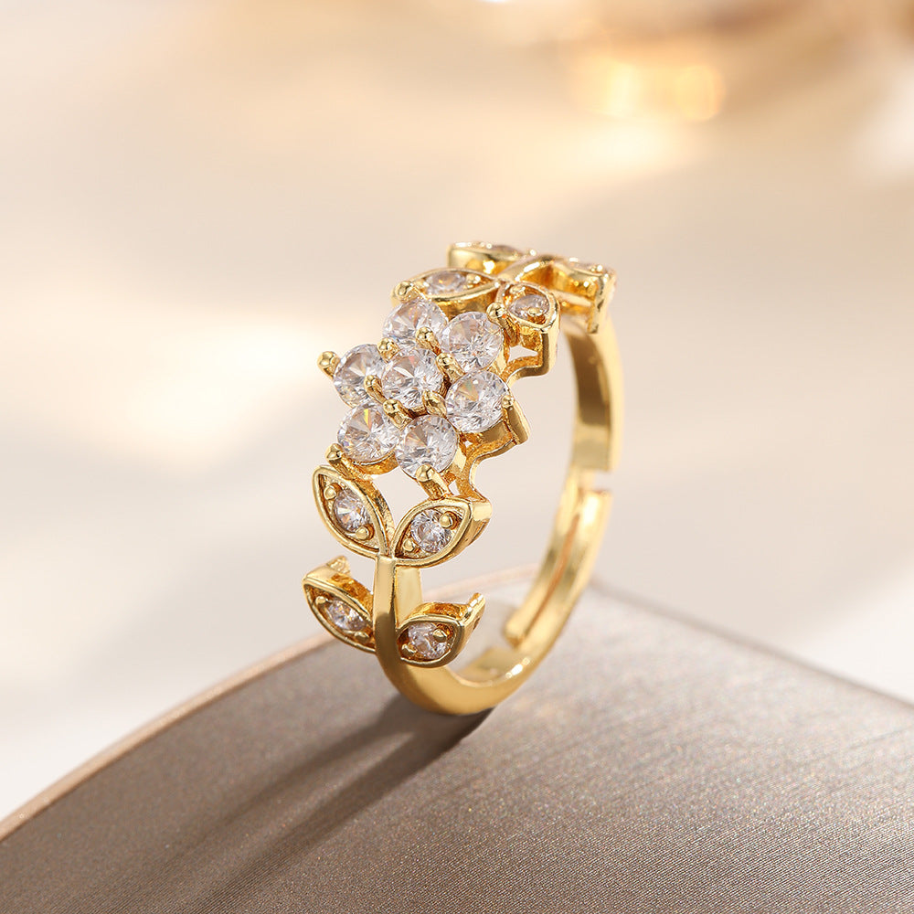 Wholesale Gold Copper Zircon Flower Adjustable Ring Women S Stylish Jewelry Accessory Boutique Resale