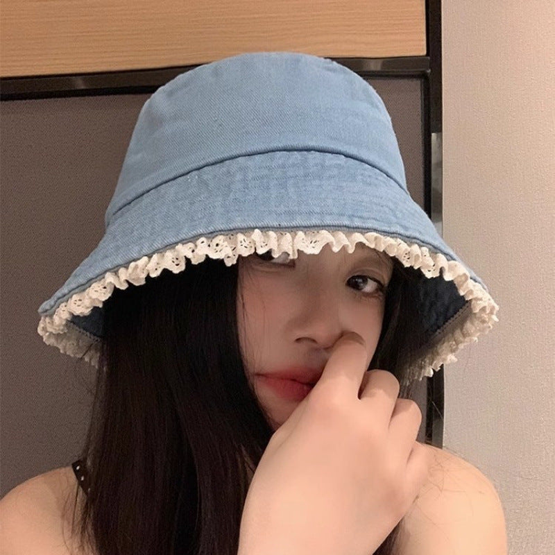 Wholesale Cute bucket hat with lace trim denim sun protection bucket hat