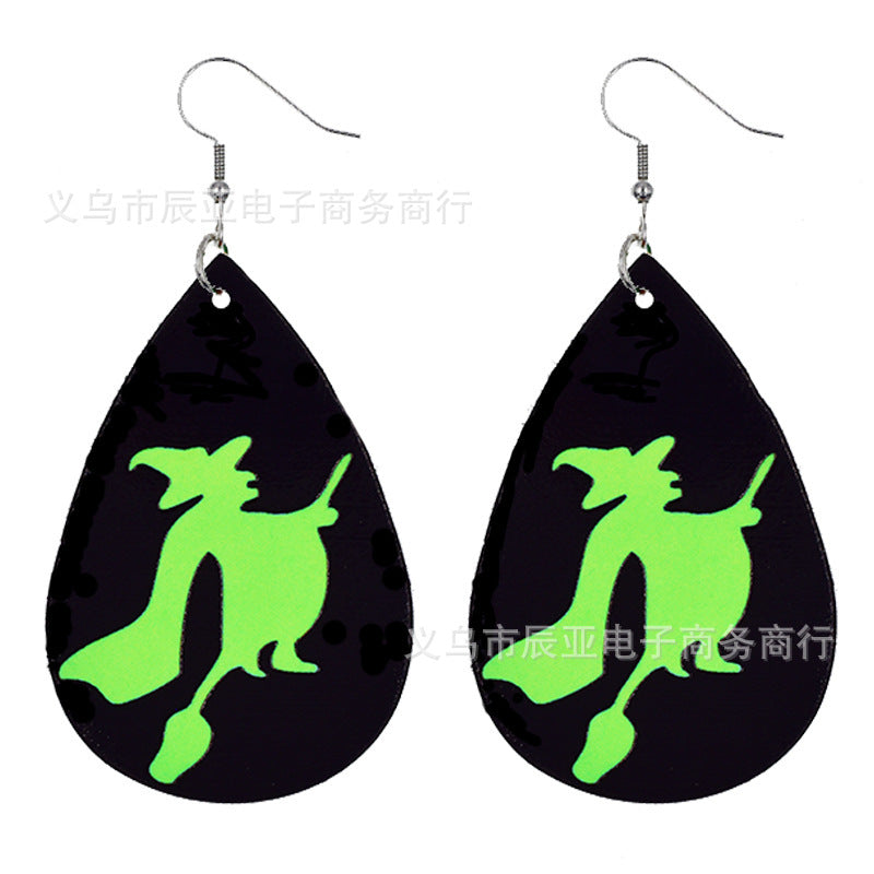 Wholesale Halloween Pumpkin Skull Fluorescent Green Luminous Leather Earrings ACC-ES-ChenY039