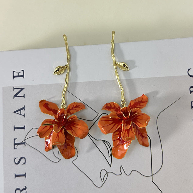 Wholesale  Light Luxury Vintage Metal Oil Drop Flower Trunk Leaf Stem Earrings
