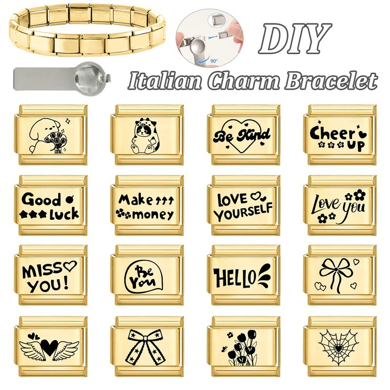 Wholesale Number &  Letter Italian Charms DIY square Single Section Creative Stainless Steel Composable Bracelet