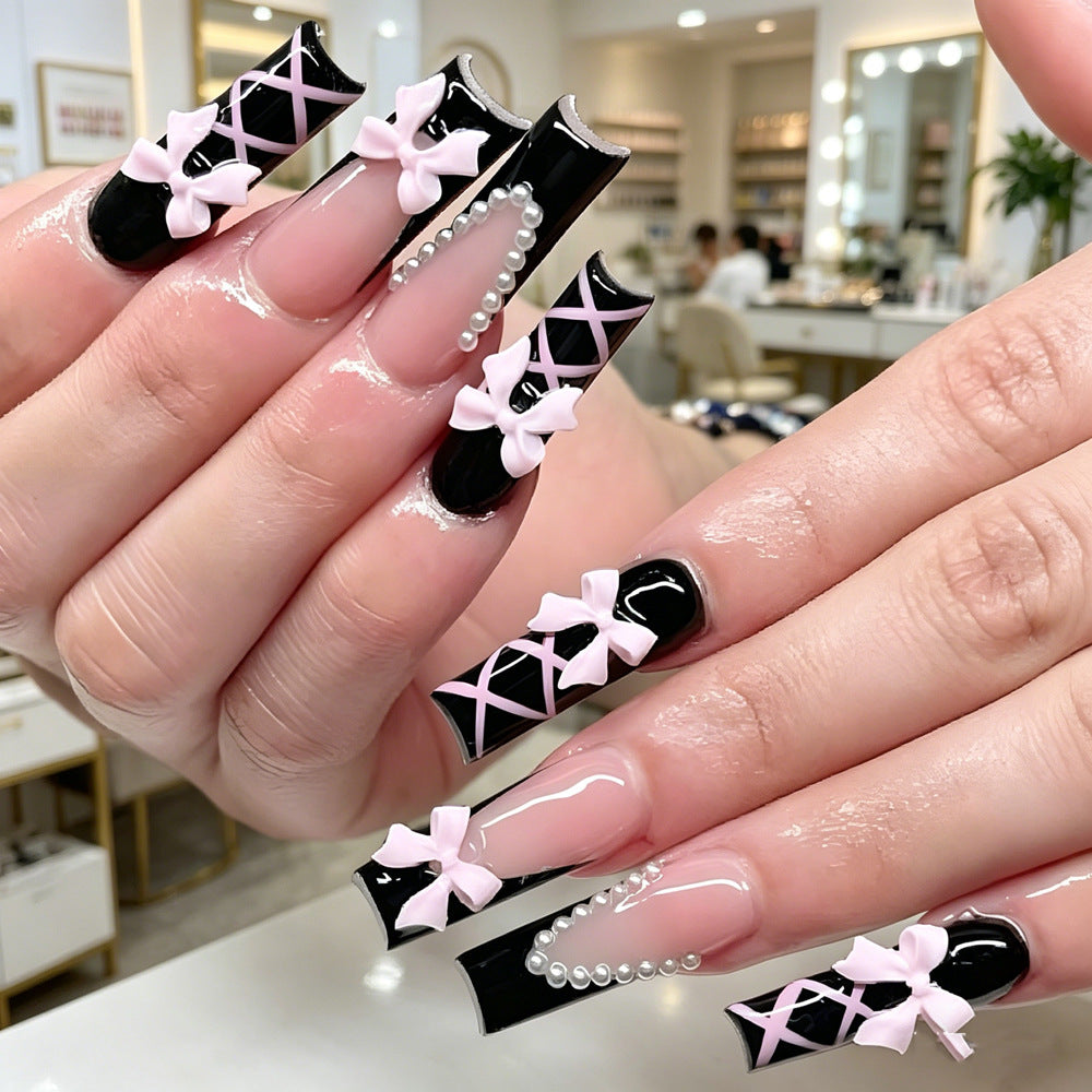 Wholesale Sweet Style 24Pcs Long Ballet Press On Nails With Pearl Bow Pattern Trendy Fashion Accessory For Everyday And Party Wear