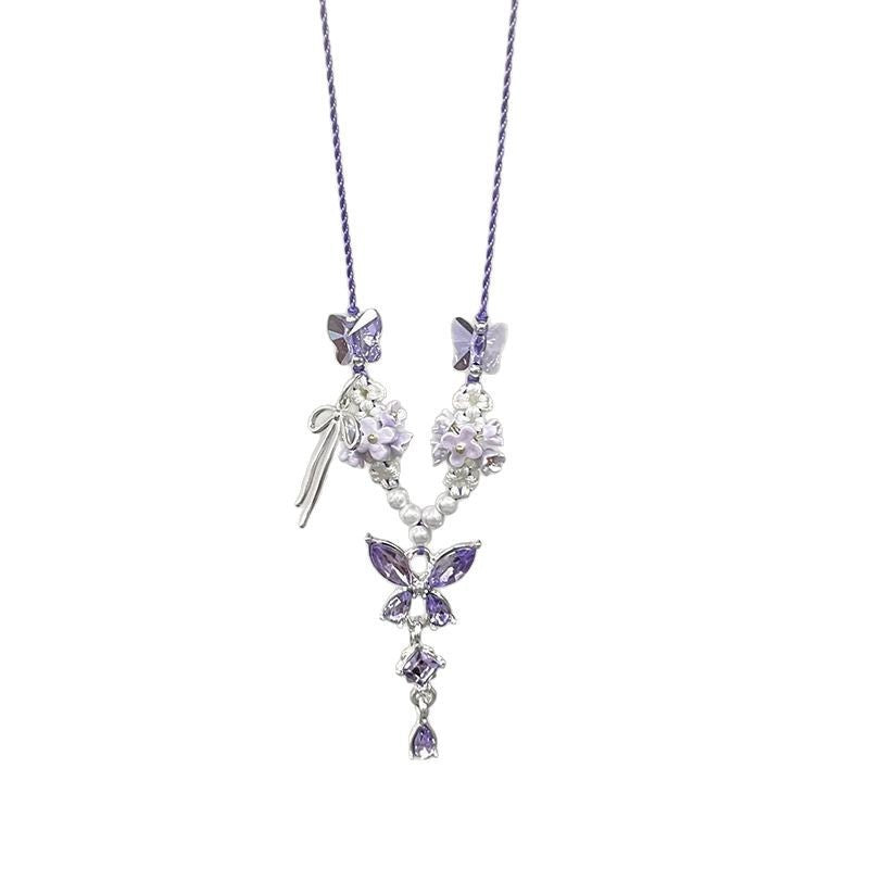 Wholesale Wisteria flower purple butterfly tassel braided necklace