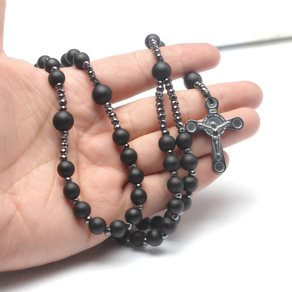Wholesale  black agate round beads black gallstone cross  long sweater chain