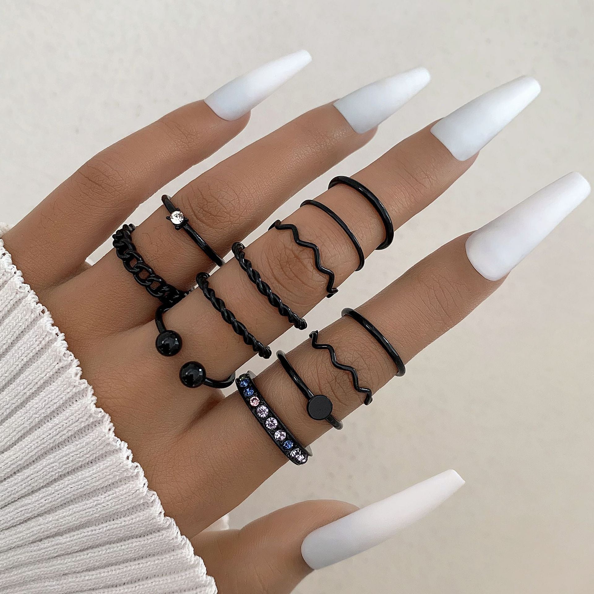 Wholesale Fashion Ring Set Spiral Stacking Black Gemstone Design Alloy Jewelry Accessory for Everyday Wear