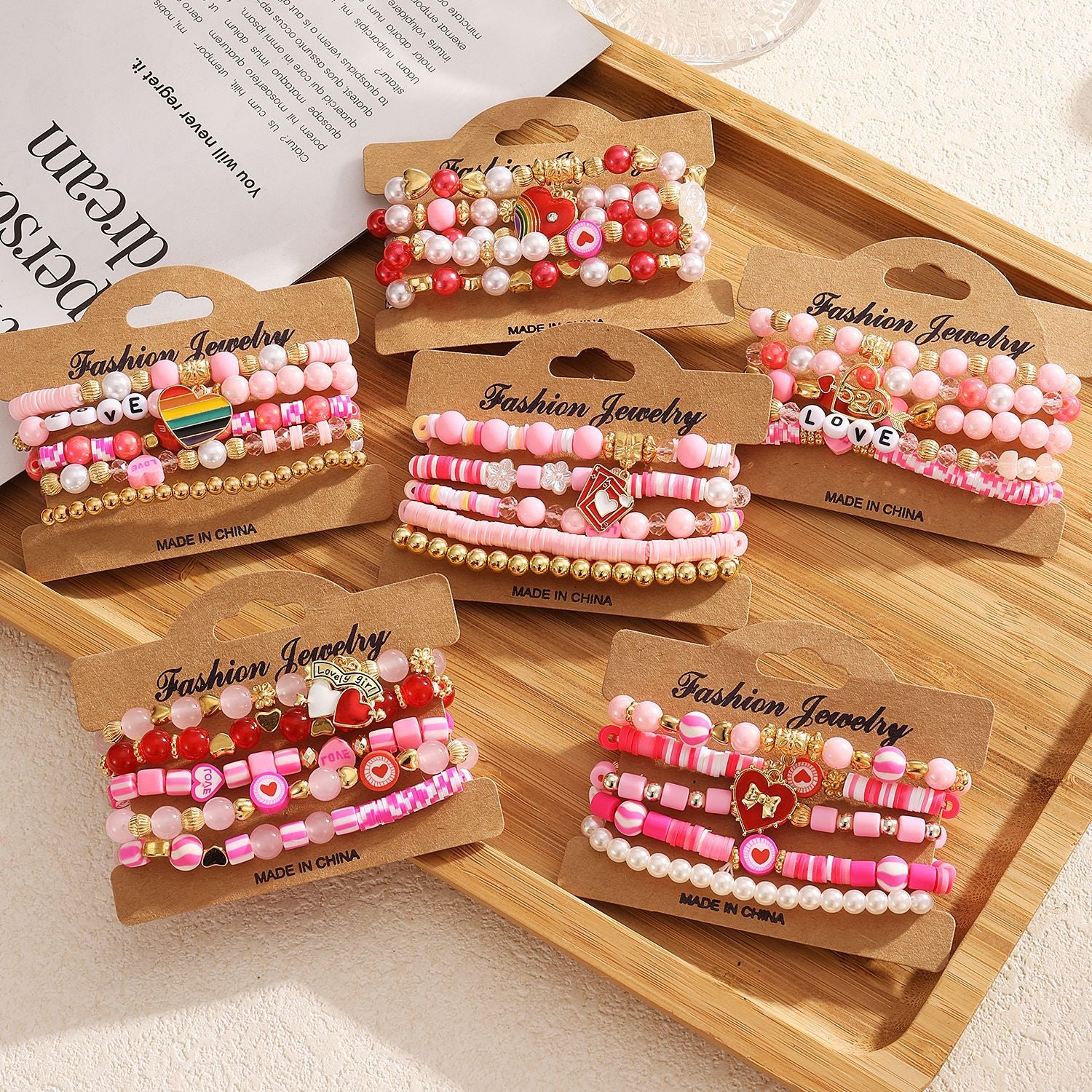 Wholesale LOVE Heart Shaped Polymer Clay Bead Bracelet Multi Layer Stretch Elastic Valentine S Day Gift Chic Jewelry Accessory For Boutique Resale