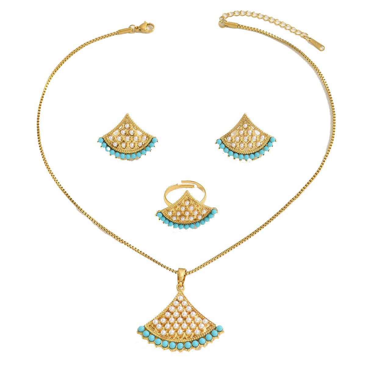 Wholesale Fan Shape Pearl Alloy Earrings Necklace Set ACC-NE-BaSha001