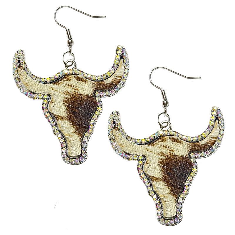 Wholesale 2pcs/ Pack Leather Western Style Rhinestone Bull Head Earrings