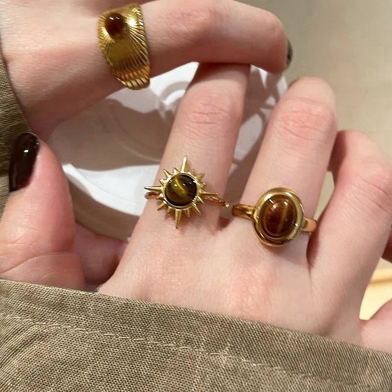 Wholesale Fashion Women S Adjustable Tiger Eye Stone Sunflower Ring Zinc Alloy Electroplated Boutique Gift Jewelry