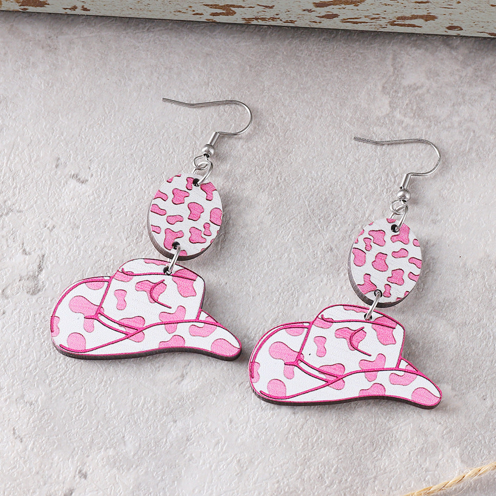 Western style pink leopard print zebra wooden double-sided earrings