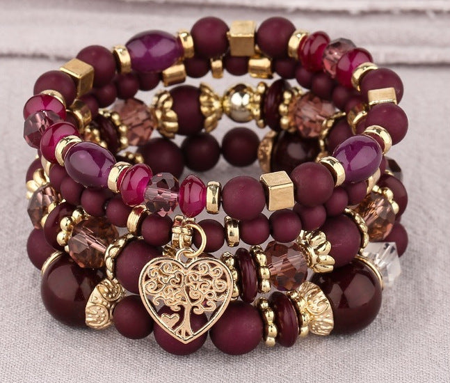 Wholesale Coffee Glass Bead Bohemian Bracelet Set Heart Pendant Tassel Jewelry