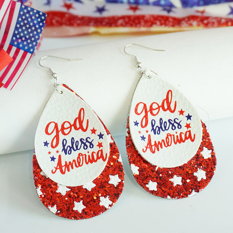 Wholesale 2 Pairs/pack American Independence Day Shiny Teardrop Shaped Leather Earrings ACC-ES-HY057