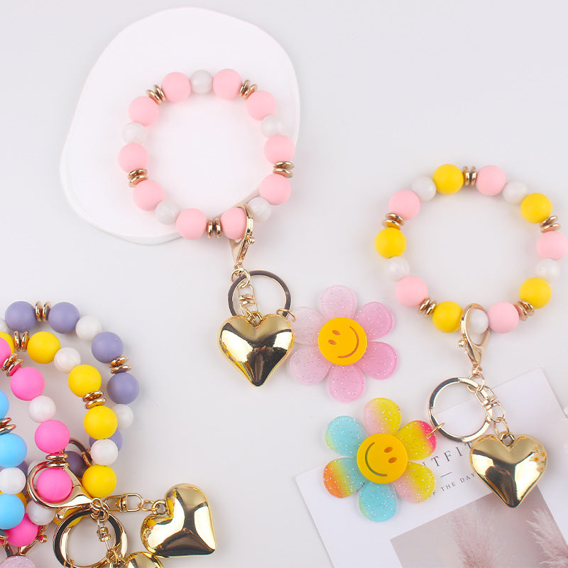 Wholesale  Silicone Beads Bracelet Keychain Cartoon Acrylic Wristlet Keychain