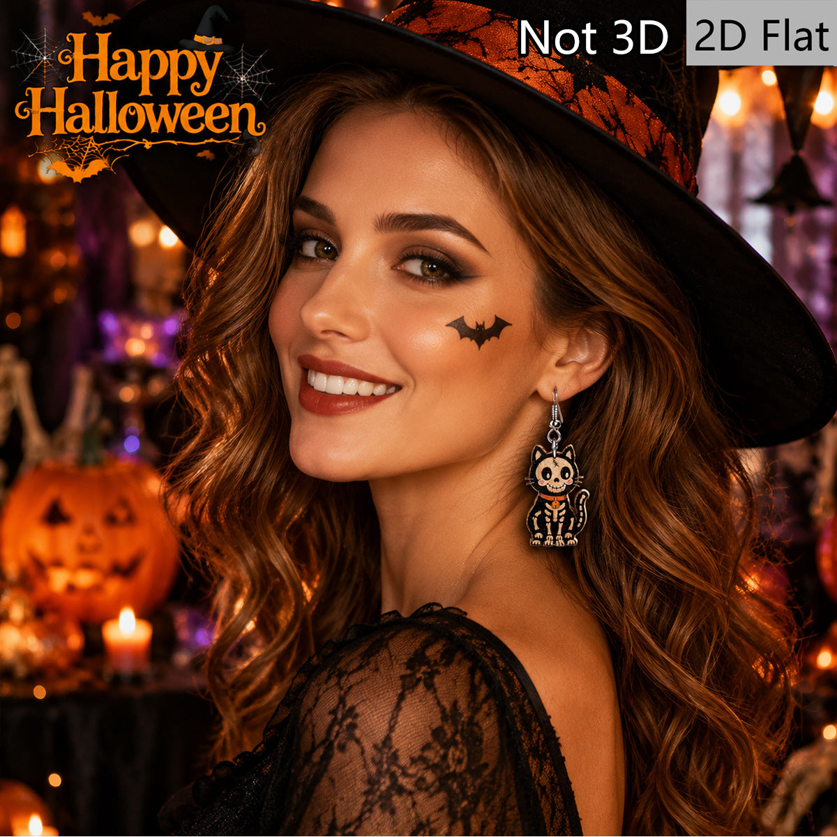 Wholesale Retro  Wooden Drop Earrings With Skull And Black Cat Print Women S Fashion Jewelry