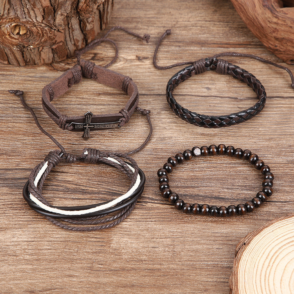 Wholesale Punk Cross Leather Woven Wood Bead Multi Layer Bracelet Retro Unisex Fashion Accessory For Gift