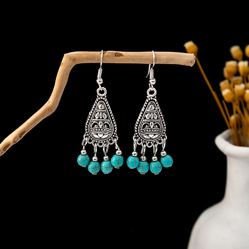Wholesale Retro Ethnic Style Blue Turquoise Hollow Ring Flower Tassel Earrings Jewelry Accessory