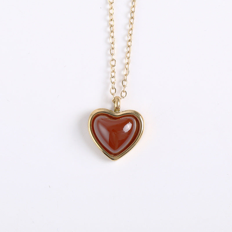 Wholesale Titanium Steel Natural Stone Red Agate Pendant Necklace Heart-Shaped Necklace Earrings