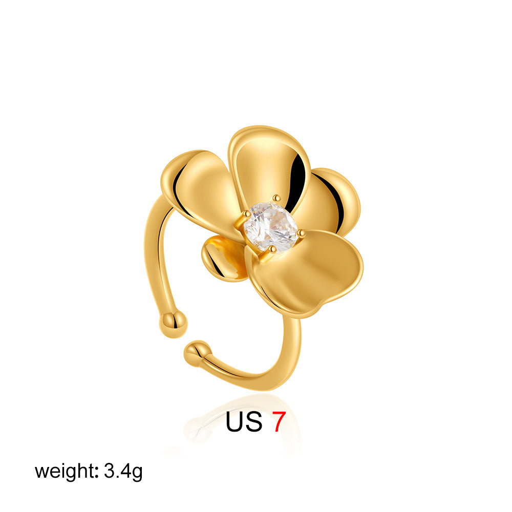 Wholesale 18K gold zircon flower ring open ring camellia earrings