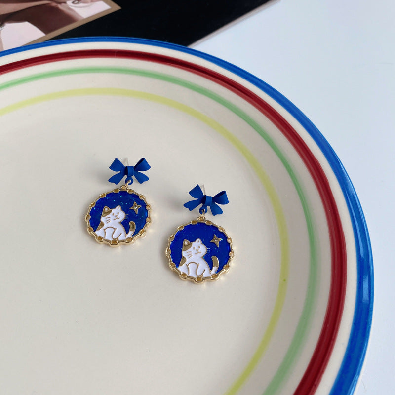 Wholesale Retro Cartoon Bow Blue Kitten Earrings