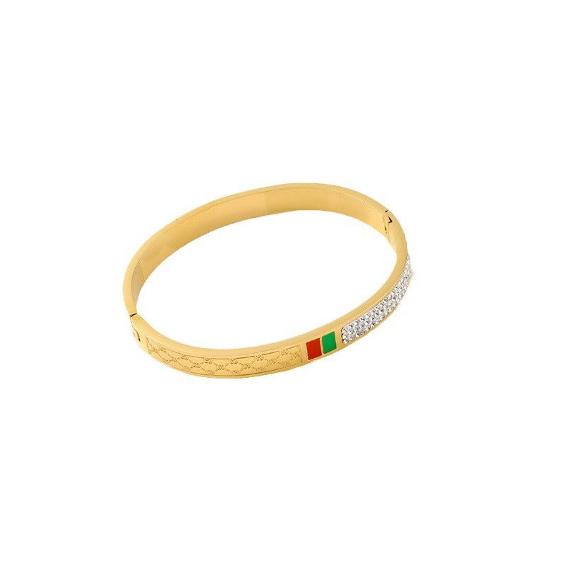 Wholesale  red green oil dripping titanium steel oval 18K gold bracelet