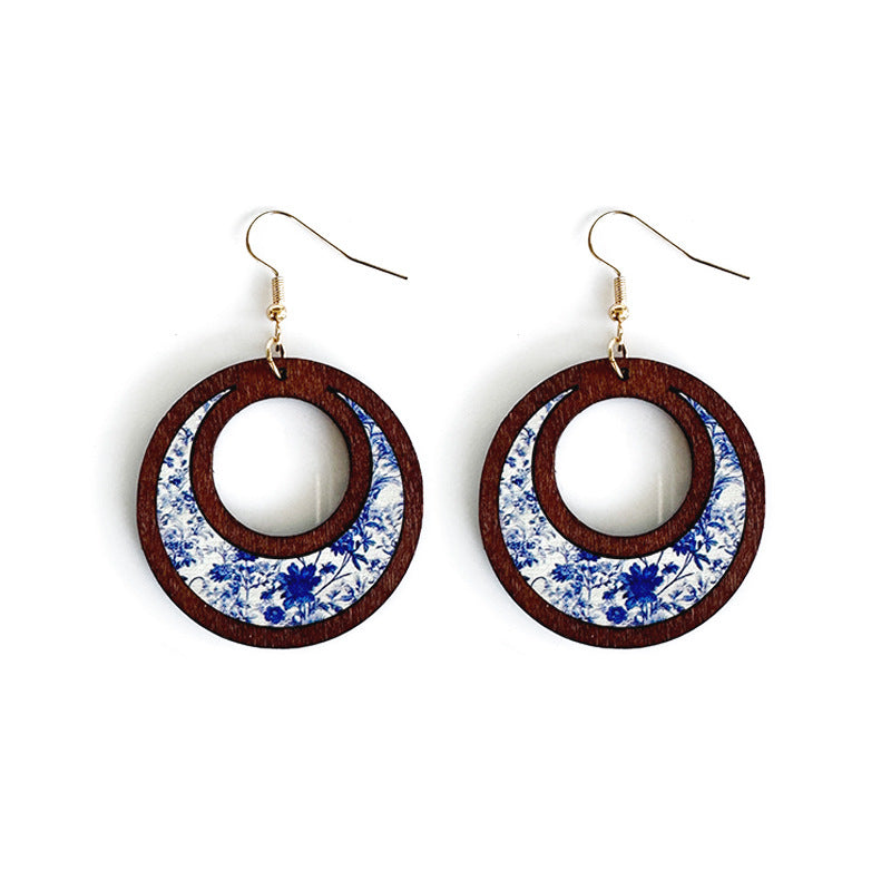 Wholesale Floral wooden earrings sunflower double ring inlaid earrings