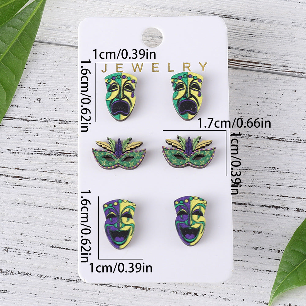 Wholesale carnival colorful clown mask wooden earrings set