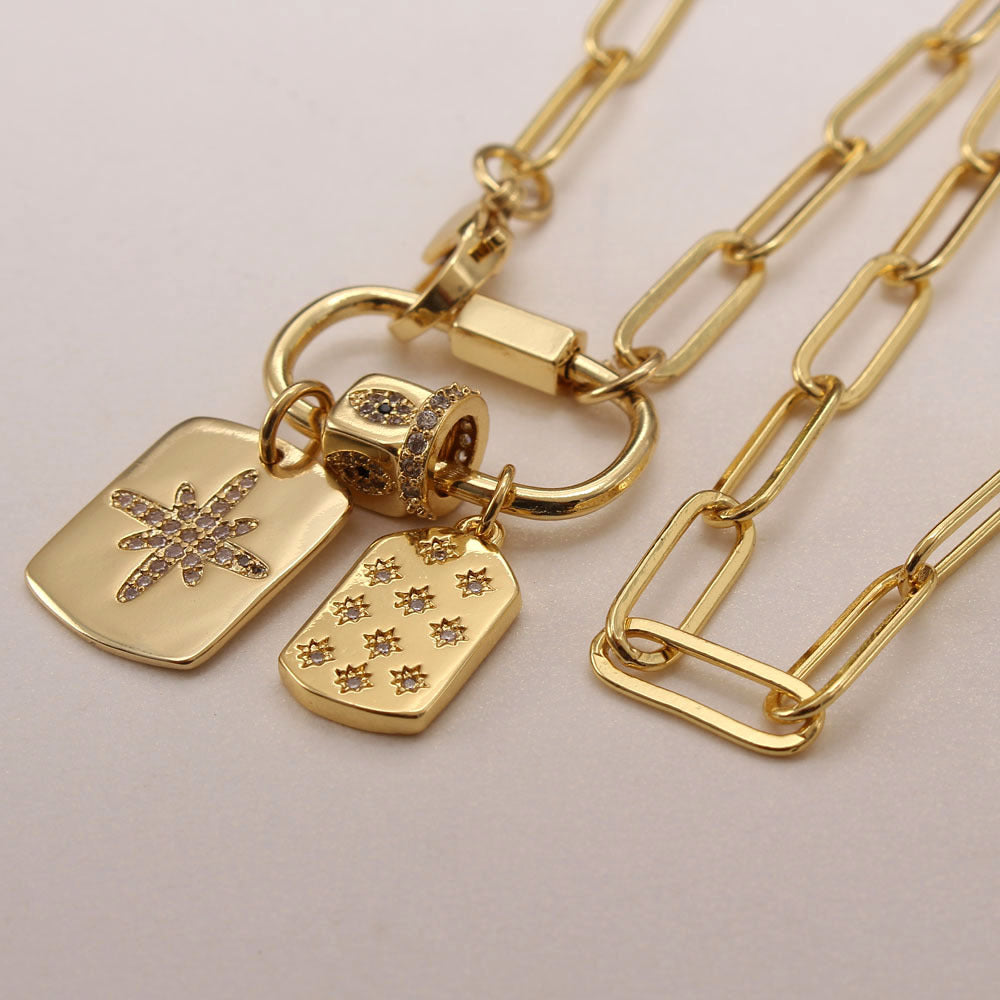 Wholesale Thick Copper Electroplated Zircon Love Rectangular Pendant Necklace