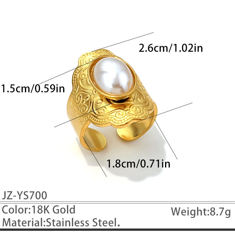 Wholesale Stainless Steel 18K Gold Plated Vintage Oval Gemstone Ring with Imitation Pearl and Turquoise - Fashion Jewelry Accessory for Resale