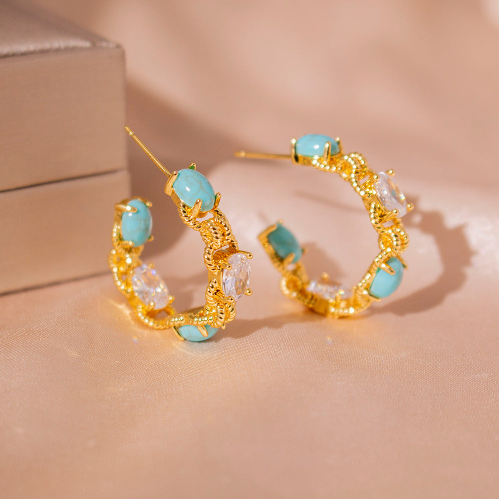 Wholesale  Light Luxury Turquoise Zircon C- shaped Earrings