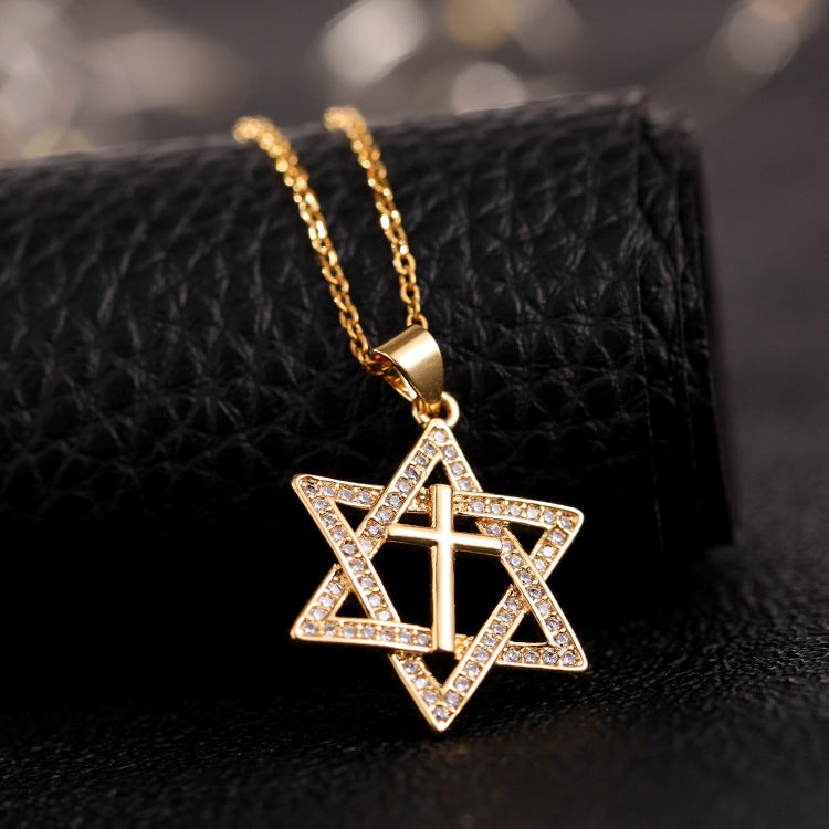 Wholesale Chic Star Cross Pendant Necklace 14K Gold Plated Micro Set Zircon Copper Jewelry Gift