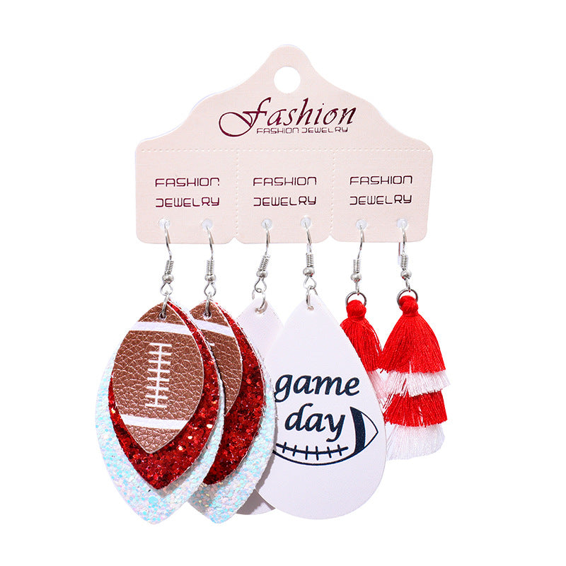 Wholesale 2 Sets Christmas Independence Day Football Rugby Softball Multi-layer Tassel Cheerleading PU Leather Earrings Set ACC-ES-HY128