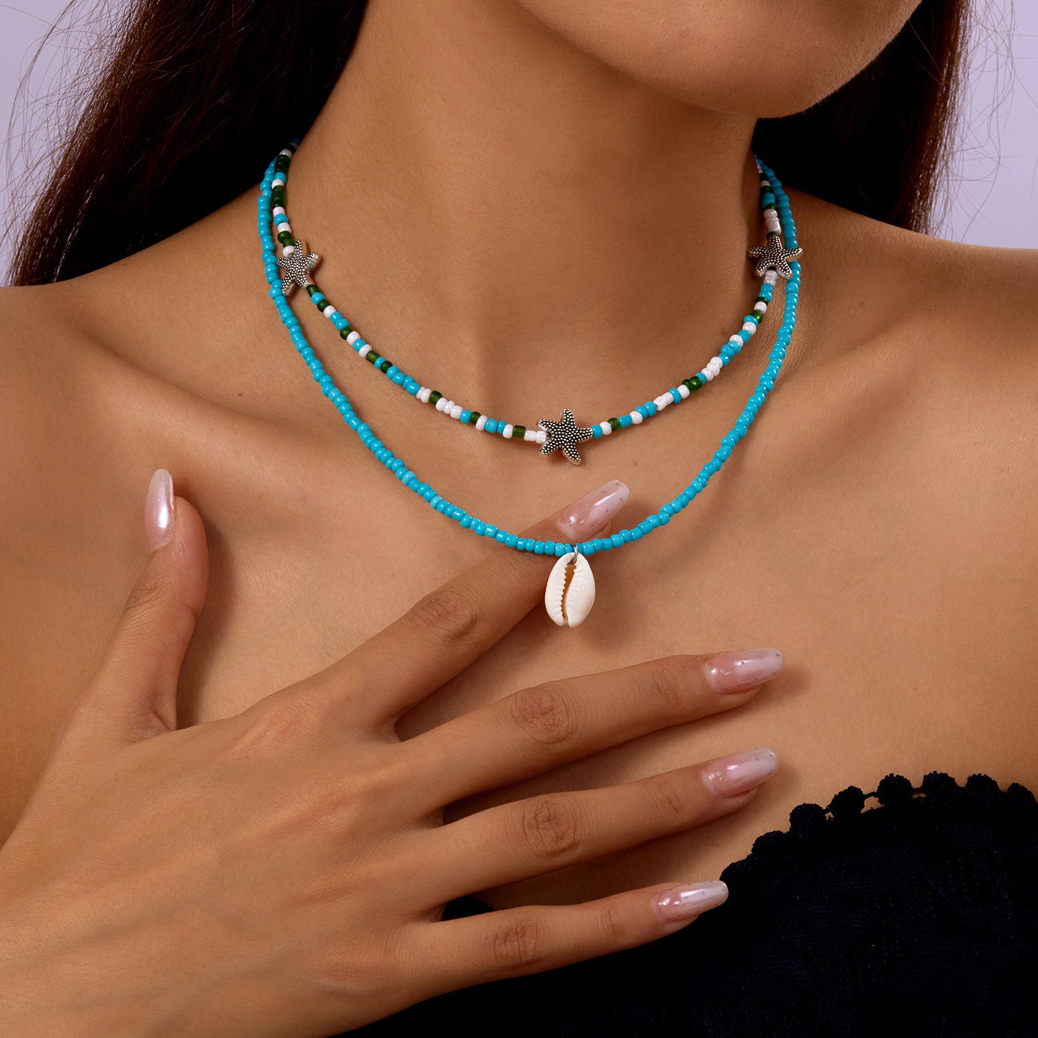 Wholesale  Bohemian Style Double Layer Starfish Shell Rice Beads Card Necklace