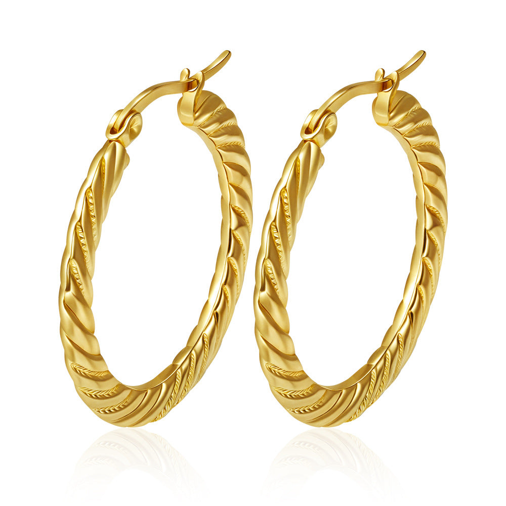 Wholesale Embossed Round Earrings Stainless Steel Gold Plated Everyday Wear Jewelry Accessory