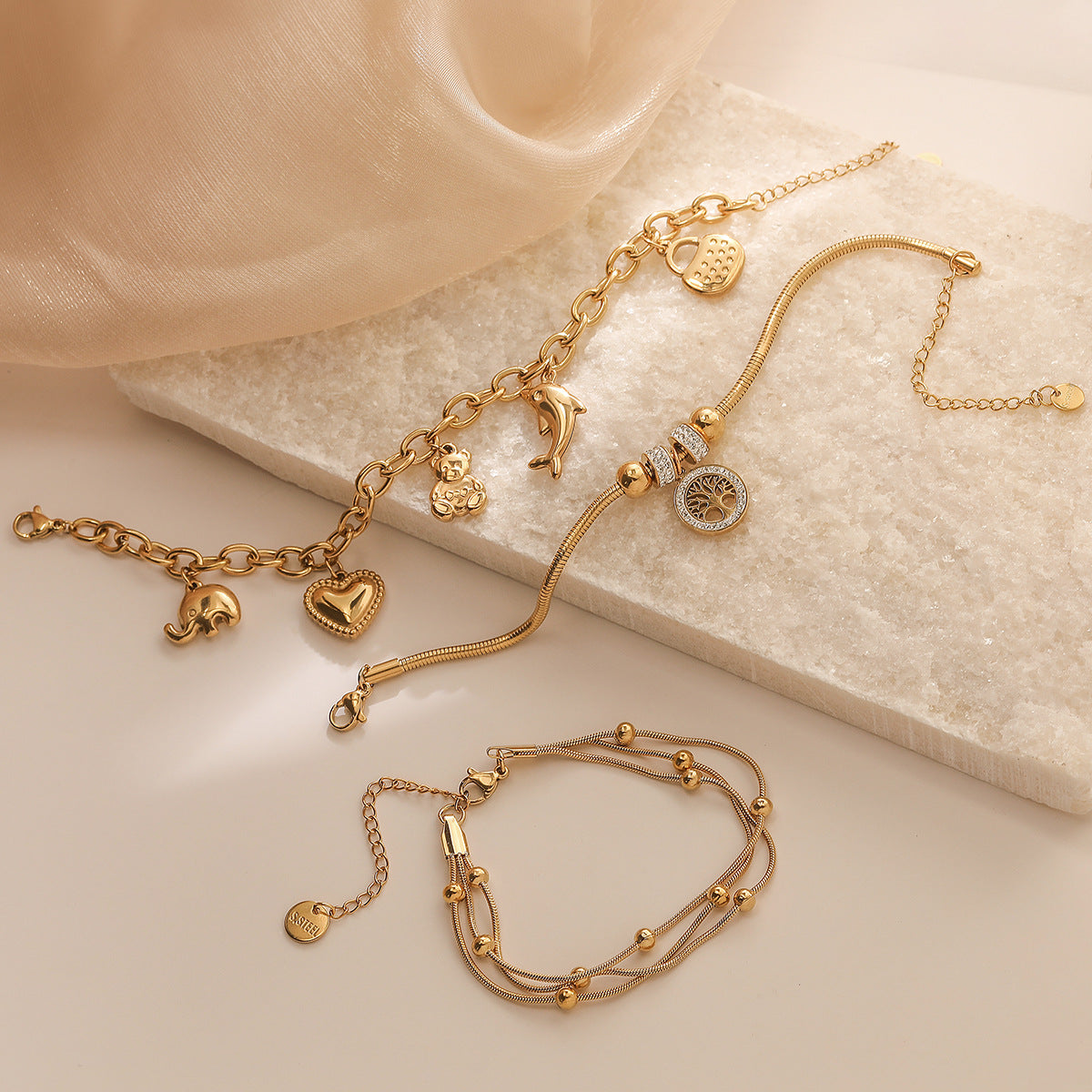 Wholesale Titanium Steel 18K Gold Plated Zircon Tree of Life Pendant Bracelet