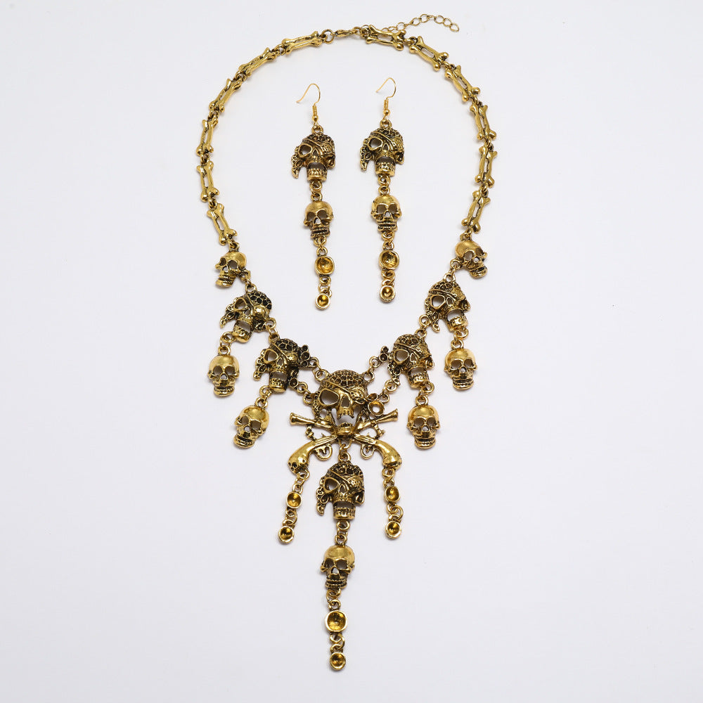 Wholesale  Skull Pirate Fringe Jewelry Set - Ancient Silver Alloy Earrings and Necklace,  Fashion Accessory for Boutique Resale