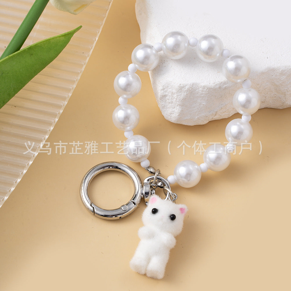 Wholesale  Heart Cute Flocking Cat Pearl Love Keychain