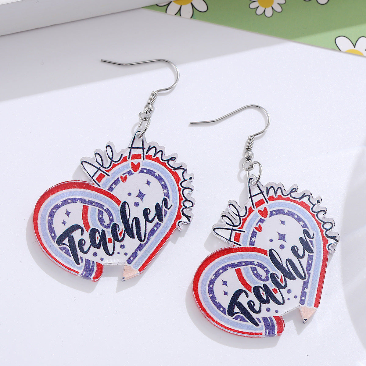 Wholesale Independence Day Red, White and Blue Pencil Heart Pendant Earrings