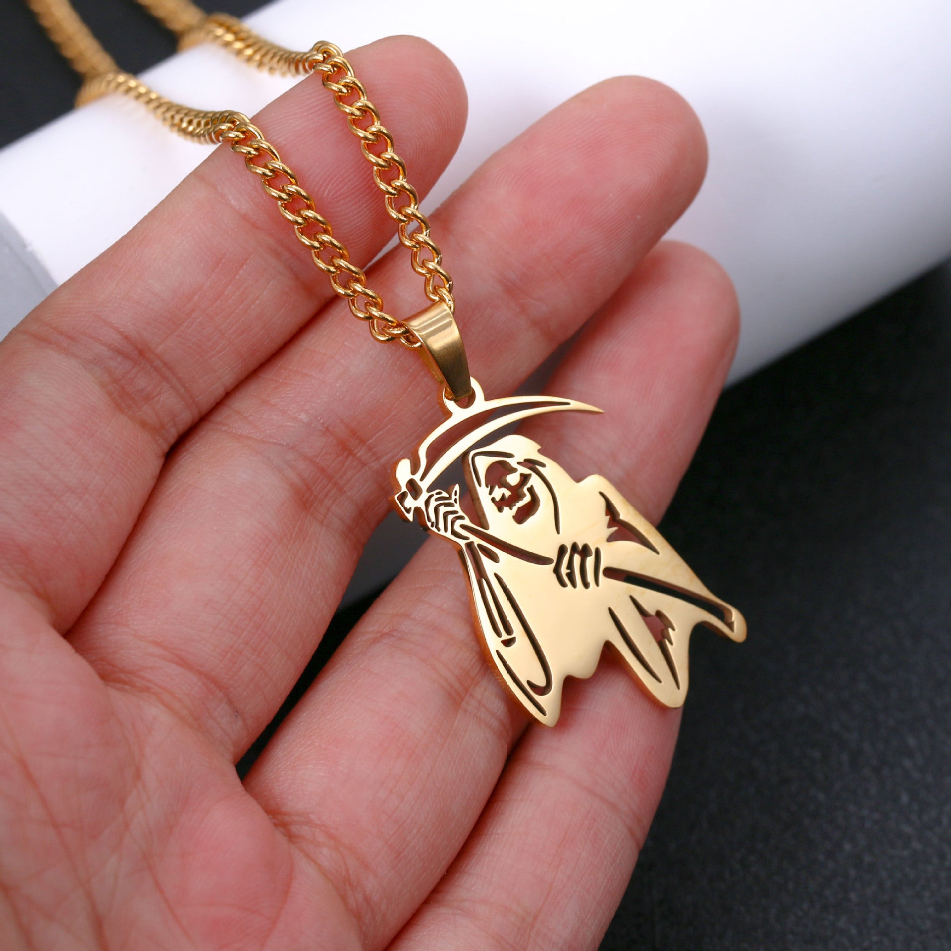 Wholesale Grim Reaper Skull Pendant Hip-Hop Stainless Steel Necklace for Men  Jewelry Accessory