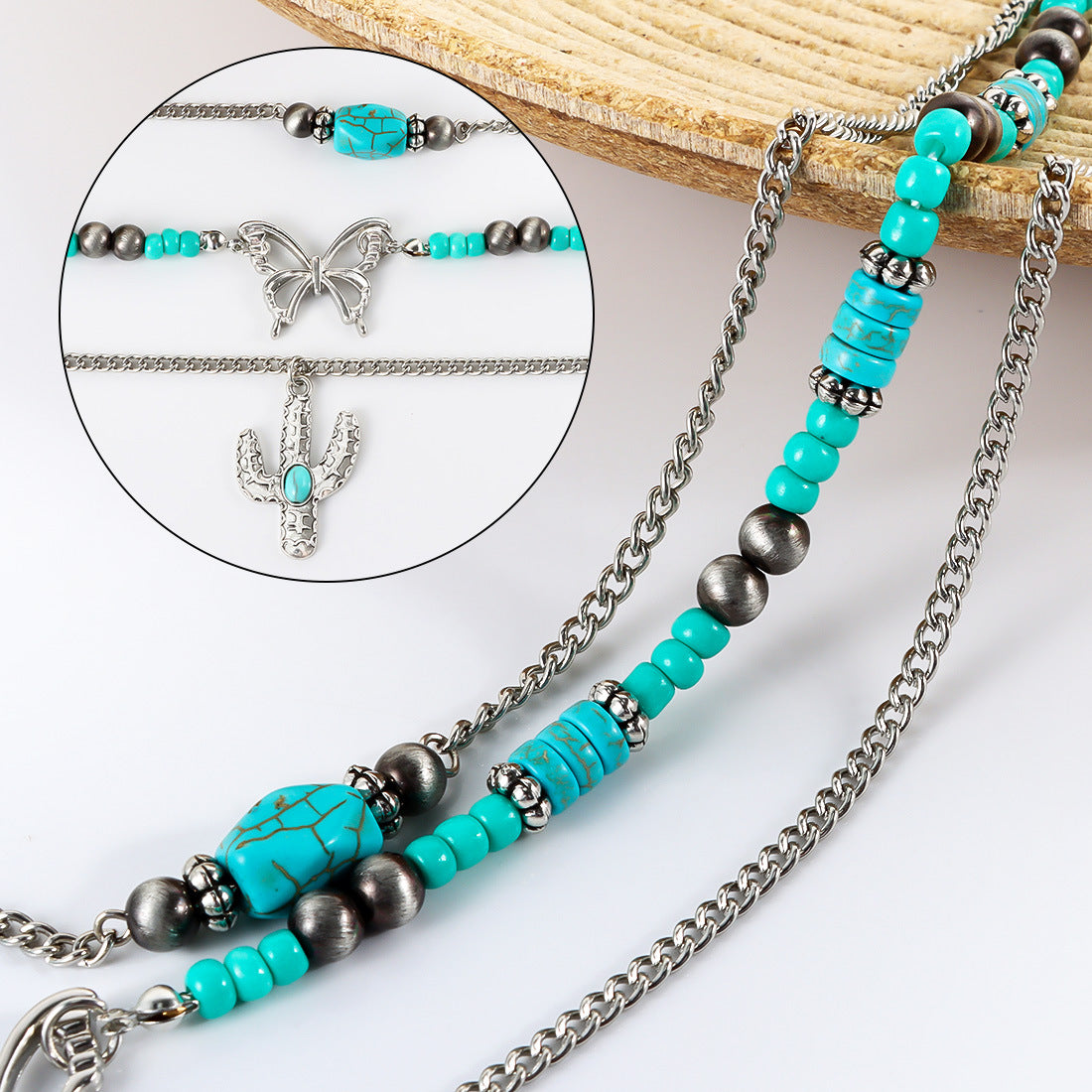 Großhandel Retro türkiser Schmetterlings Schlüsselblattkette Ethnische Kaktuskette