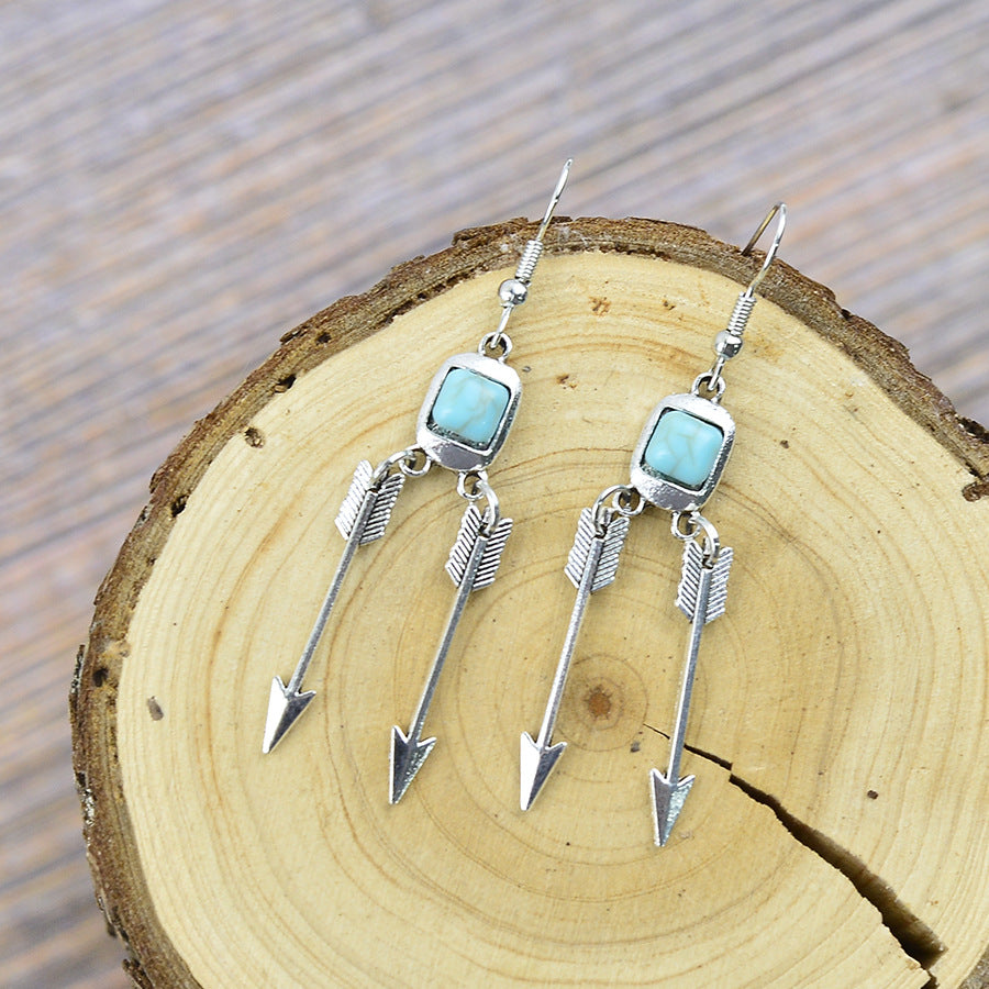 Wholesale Medieval Style Antique Silver Turquoise Feather Arrow Earrings Zinc Alloy Electroplated Jewelry Accessory