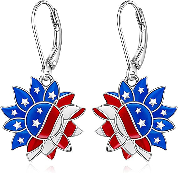 Wholesale  Red White Blue Sunflower Bier Gesture US Independence Day Earrings