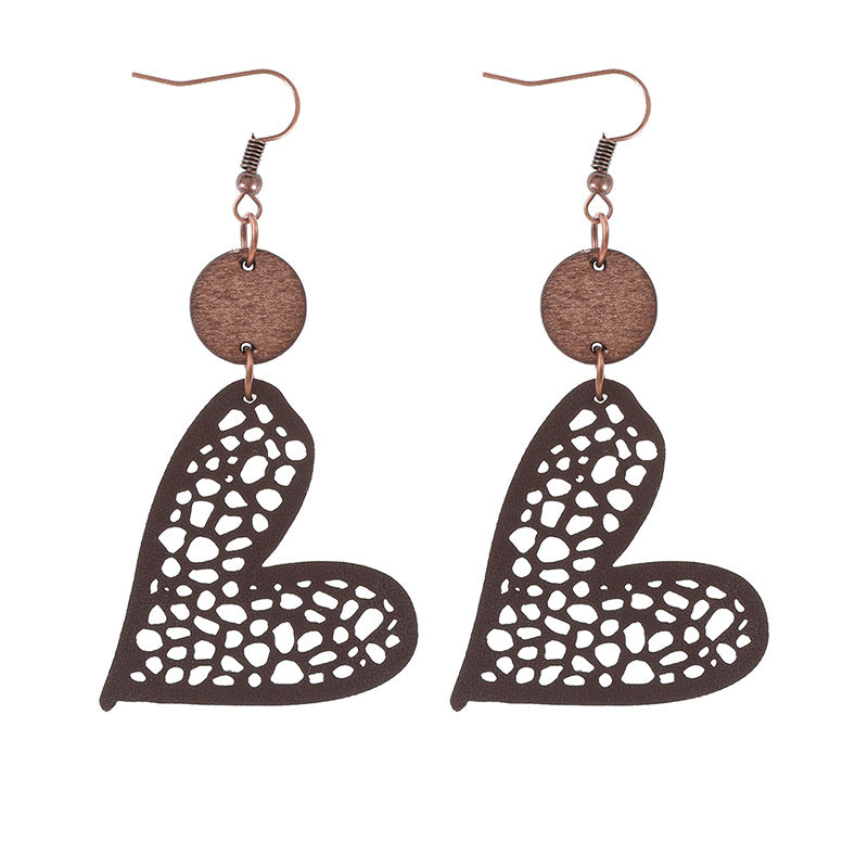 Wholesale Valentine's Day Love Wood Pieces Hollow Mesh Leather  Earrings