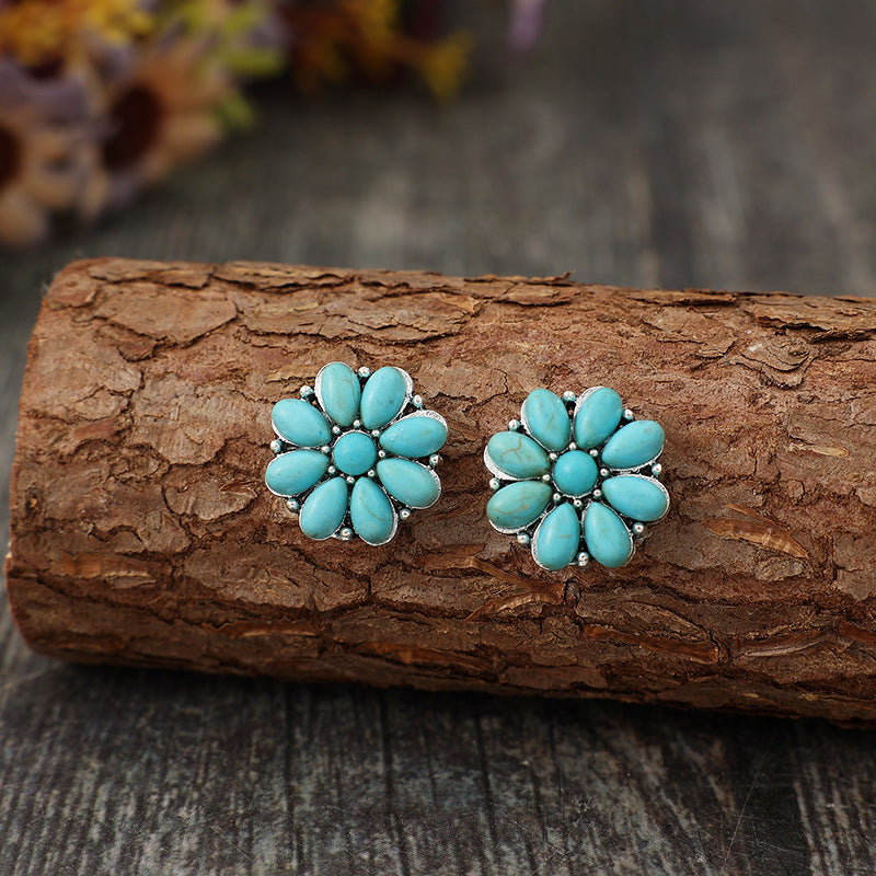 Wholesale Retro Bohemian Flower Silver Inlaid Turquoise Earrings for Everyday Wear Fashion Accessory