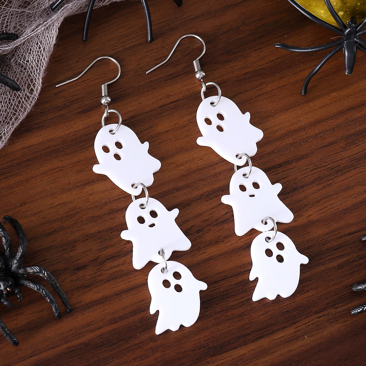 Wholesale Halloween White Ghost Black Bat Triple Pendant Earrings