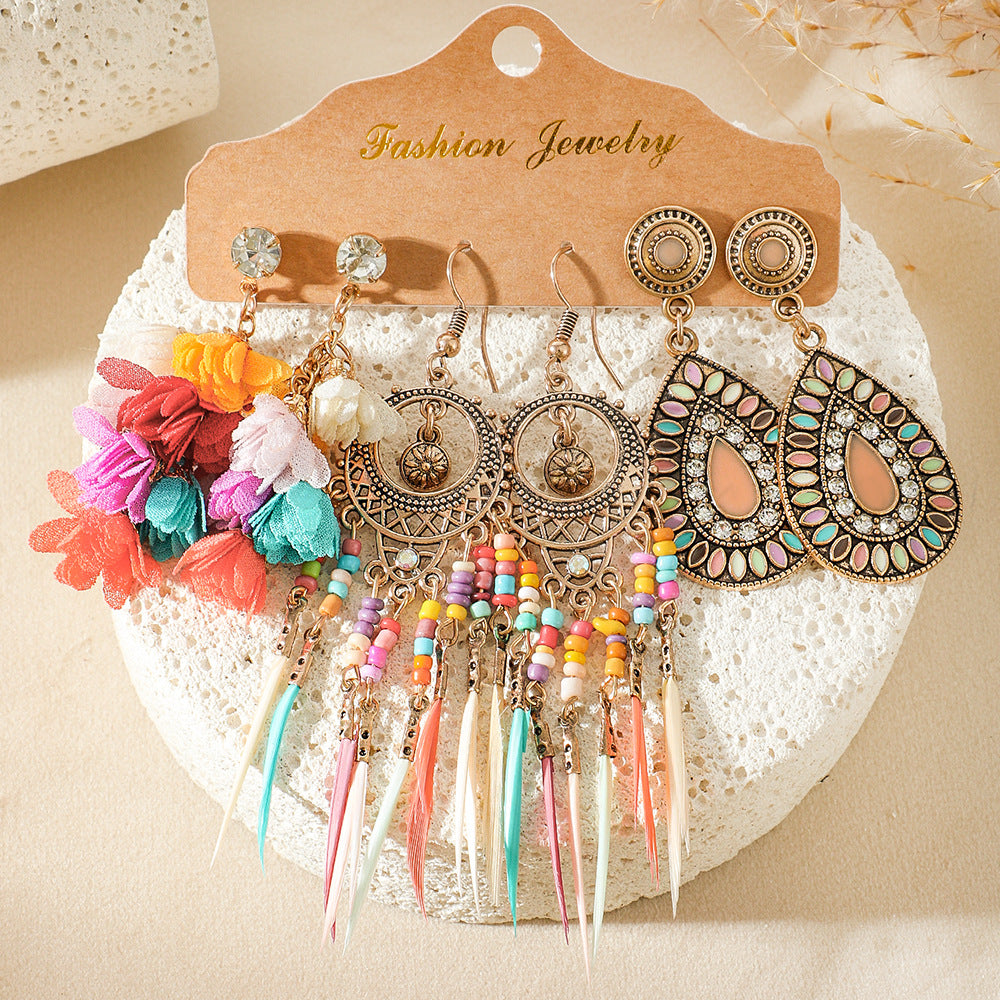Wholesale Bohemian Colorful Tassel Earrings Multipack Vintage Flower Vacation Style Fashion Accessory