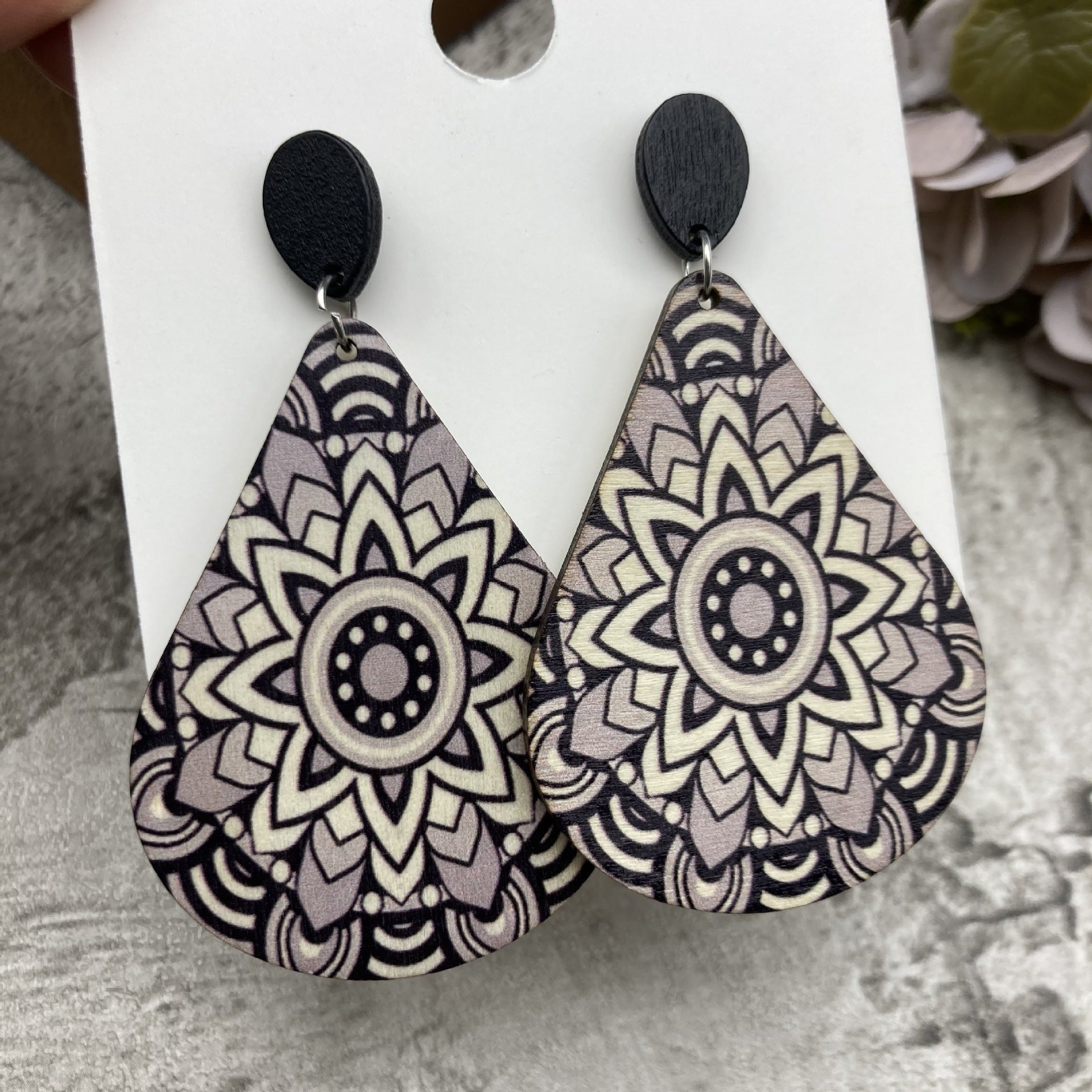Wholesale Retro Bohemian Water Drop Wooden Print Earrings ACC-ES-FX011